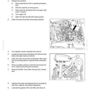 K&ouml;nnte beinhalten: Diagramm zum Austausch des Getriebefilters einer Maschine. Das Bild enth&auml;lt detaillierte Anweisungen, Diagramme und nummerierte Schritte zur Wartung. Der Text enth&auml;lt Sicherheitshinweise und Entsorgungsrichtlinien.