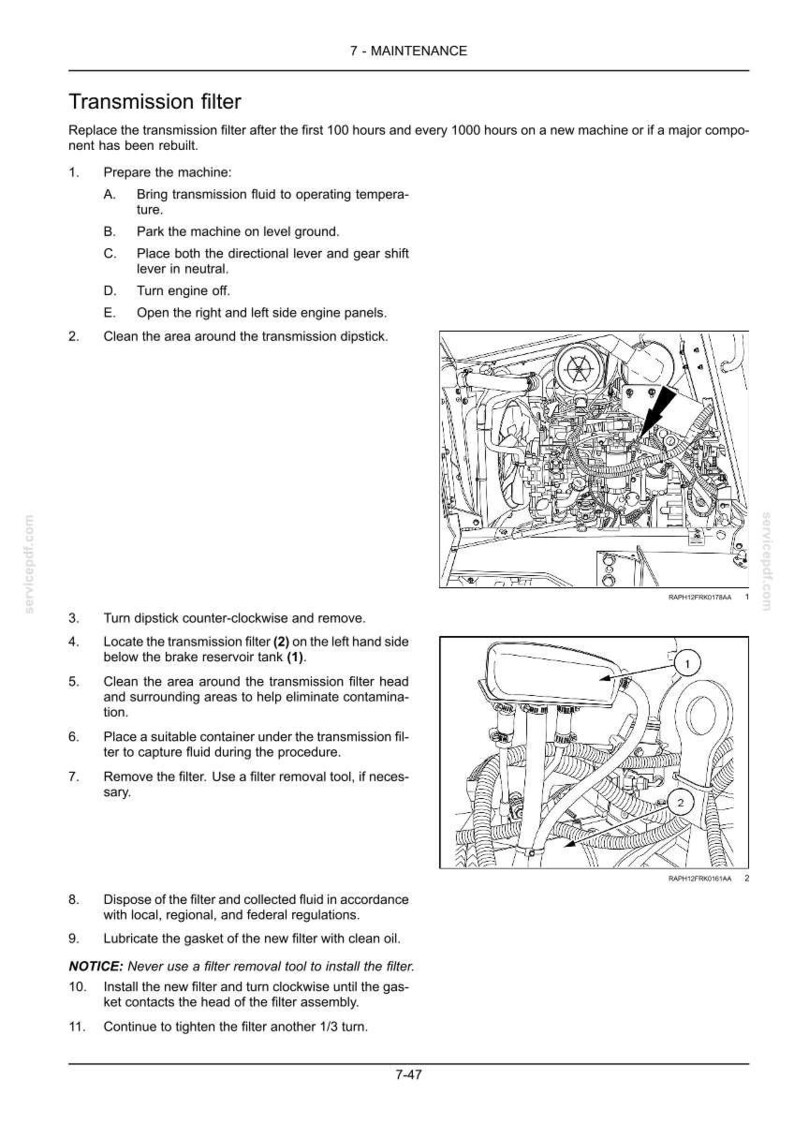 K&ouml;nnte beinhalten: Diagramm zum Austausch des Getriebefilters einer Maschine. Das Bild enth&auml;lt detaillierte Anweisungen, Diagramme und nummerierte Schritte zur Wartung. Der Text enth&auml;lt Sicherheitshinweise und Entsorgungsrichtlinien.