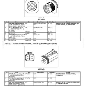 K&ouml;nnte beinhalten: Diagramm von elektrischen Systemanschl&uuml;ssen, einschlie&szlig;lich eines Diagnoseanschlusses und einer Telematik-Diagnosebuchse. Das Bild enth&auml;lt detaillierte Pin-Konfigurationen, Drahtbeschreibungen und Farbgr&ouml;&szlig;enangaben f&uuml;r jede Komponente.
