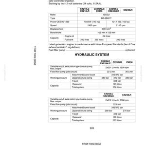May include: A detailed specifications sheet for an engine, featuring technical data on engine type, power, speed, and capacity. Includes information on hydraulic systems, with measurements in liters and bar.