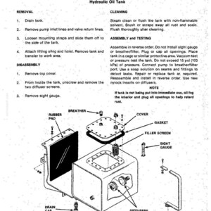 May include: Diagram of a hydraulic oil tank with labeled components, including the cover, gasket, filler screen, and sight gauge. The image also includes instructions for removal, disassembly, cleaning, and assembly.
