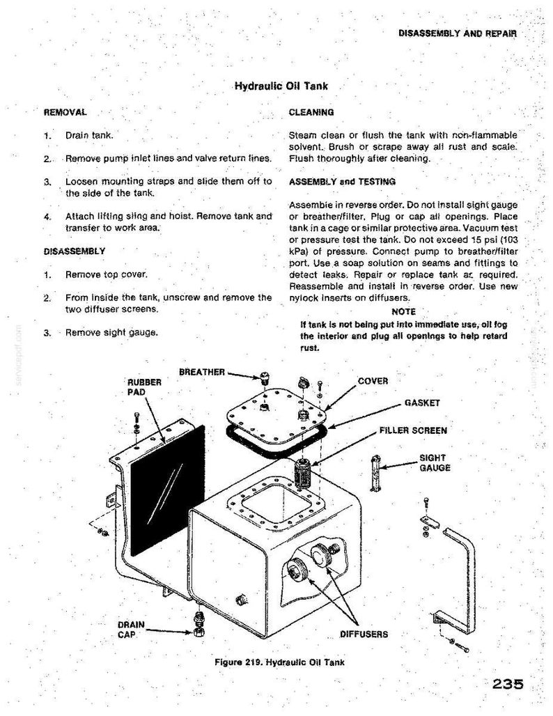 May include: Diagram of a hydraulic oil tank with labeled components, including the cover, gasket, filler screen, and sight gauge. The image also includes instructions for removal, disassembly, cleaning, and assembly.