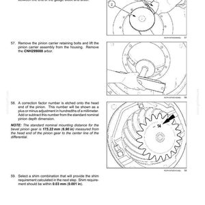 Puede incluir: Diagrama de un sistema de eje delantero con un juego de engranajes c&oacute;nicos delanteros y diferencial. Incluye ilustraciones de la instalaci&oacute;n del bloque de medici&oacute;n, la extracci&oacute;n del soporte del pi&ntilde;&oacute;n y un engranaje con el n&uacute;mero 14. Medidas en mm y pulgadas.