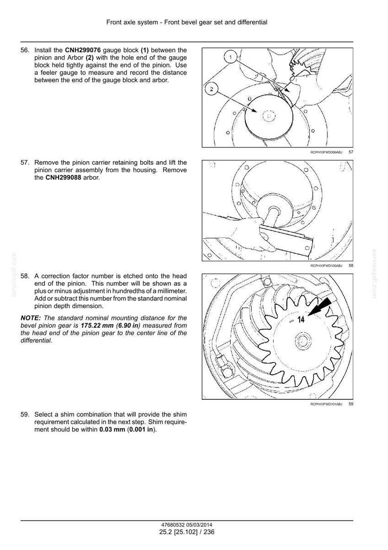 Puede incluir: Diagrama de un sistema de eje delantero con un juego de engranajes c&oacute;nicos delanteros y diferencial. Incluye ilustraciones de la instalaci&oacute;n del bloque de medici&oacute;n, la extracci&oacute;n del soporte del pi&ntilde;&oacute;n y un engranaje con el n&uacute;mero 14. Medidas en mm y pulgadas.
