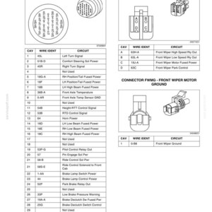 May include: Diagram of automotive electrical connectors, including Connector Front - Cab Front Chassis, Connector FWM - Front Wiper Motor, and Connector FWMG - Front Wiper Motor Ground. Each connector is labeled with wire identification and circuit descriptions.