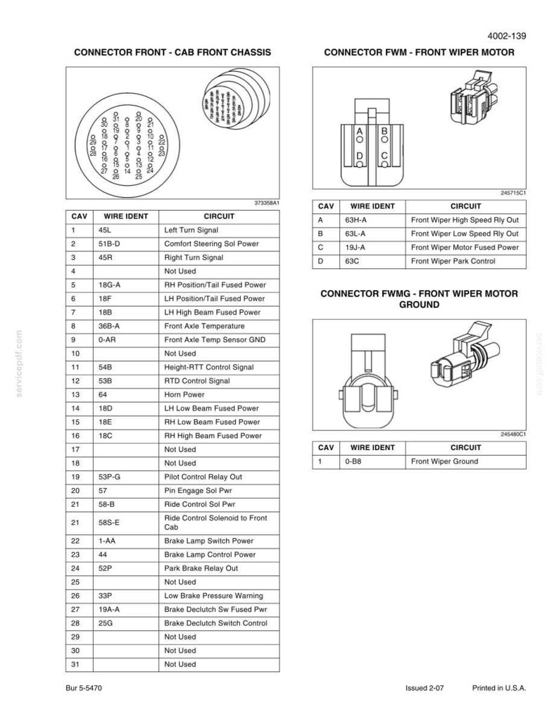 May include: Diagram of automotive electrical connectors, including Connector Front - Cab Front Chassis, Connector FWM - Front Wiper Motor, and Connector FWMG - Front Wiper Motor Ground. Each connector is labeled with wire identification and circuit descriptions.