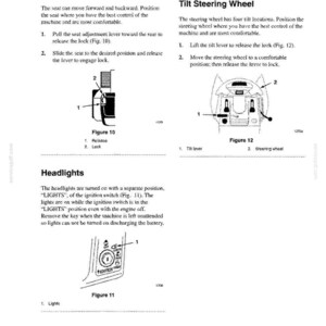 May include: A page from an operation manual featuring black and white diagrams and text instructions for positioning the seat, adjusting the tilt steering wheel, and operating the headlights, labeled with figures 10, 11, and 12 for reference.