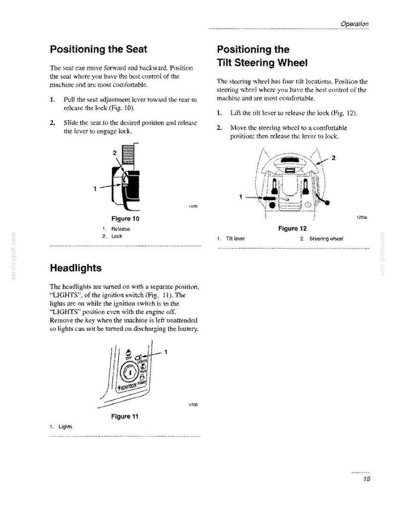 May include: A page from an operation manual featuring black and white diagrams and text instructions for positioning the seat, adjusting the tilt steering wheel, and operating the headlights, labeled with figures 10, 11, and 12 for reference.