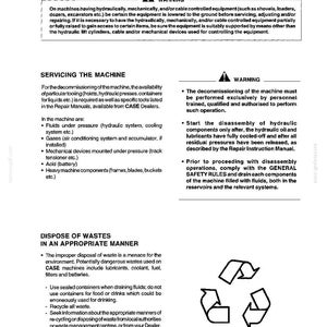 May include: A page from a manual with the title "SAFETY RULES". The text details safety warnings, servicing instructions, and waste disposal guidelines for machinery. Includes a recycling symbol and a warning symbol.