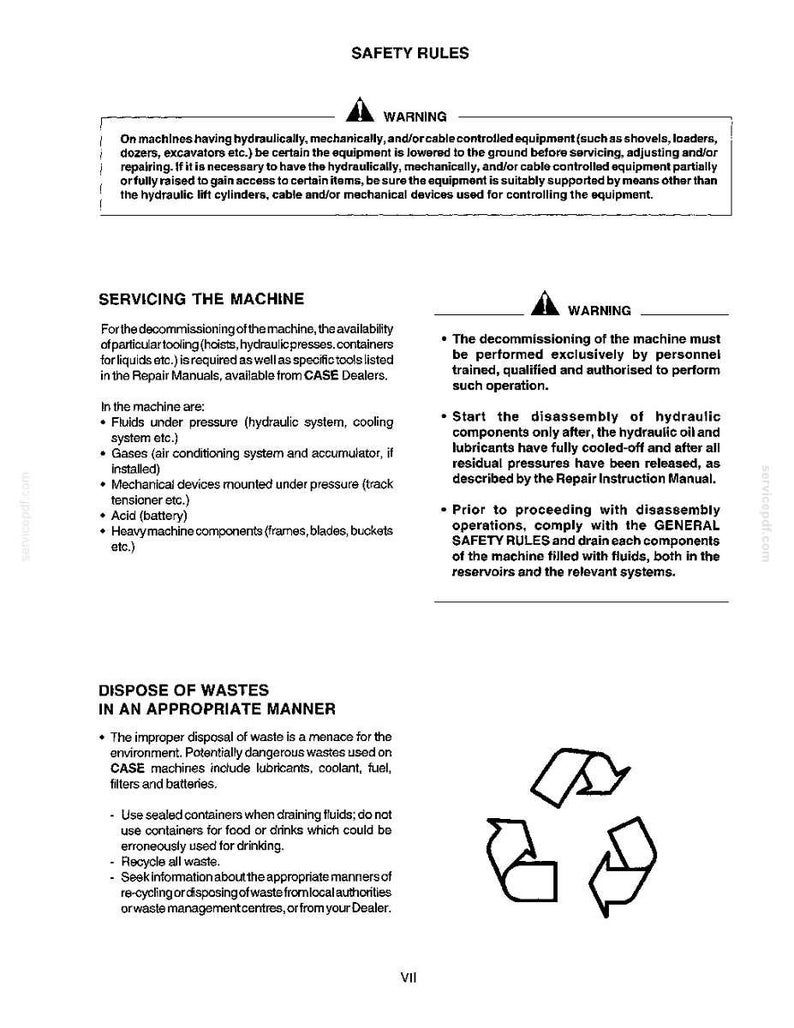 May include: A page from a manual with the title "SAFETY RULES". The text details safety warnings, servicing instructions, and waste disposal guidelines for machinery. Includes a recycling symbol and a warning symbol.