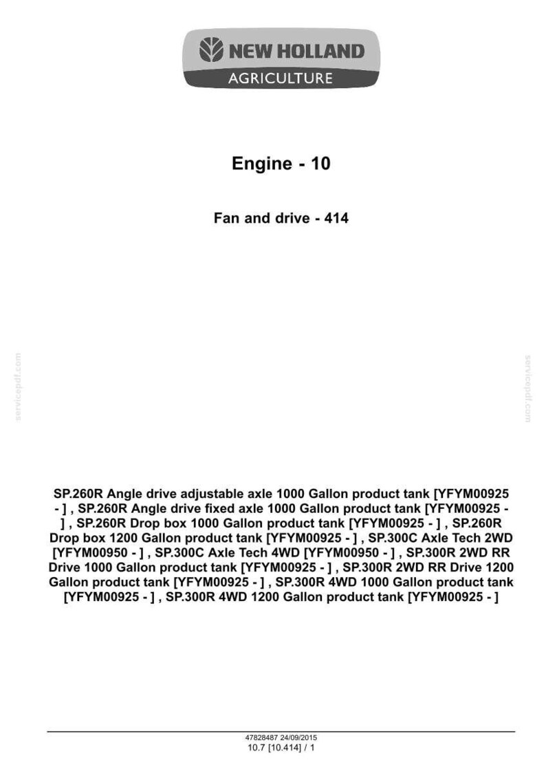 May include: A white document with the "NEW HOLLAND AGRICULTURE" logo at the top. The text includes "Engine - 10" and "Fan and drive - 414", along with product specifications for various tank models.