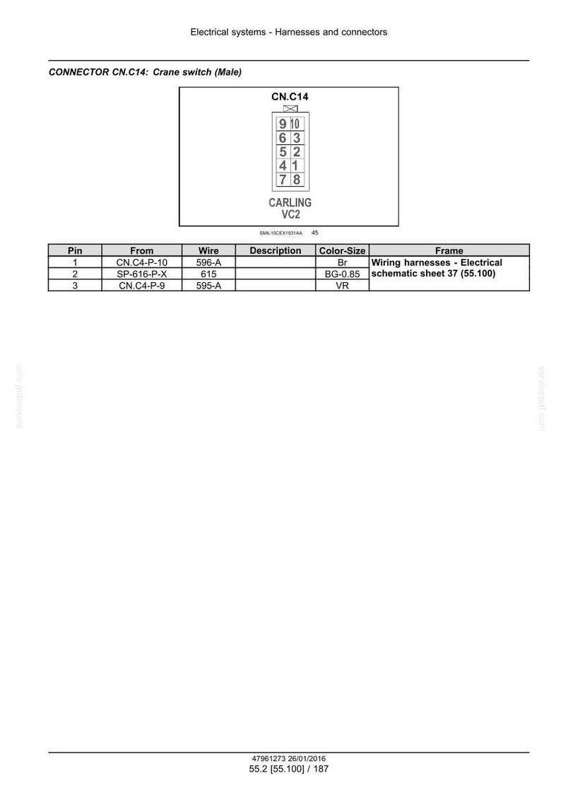 May include: Diagram of an electrical connector labeled CN.C14, a crane switch. The diagram includes a pin layout, wire details, and color-size specifications. Text includes "CARLING VC2" and "Wiring harnesses - Electrical schematic sheet 37 (55.100)".