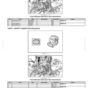 May include: Diagram of electrical systems, harnesses, and connectors. Includes detailed illustrations of wiring and connection points within a vehicle's transmission system. Features tables with pin, wire, and color-size information.