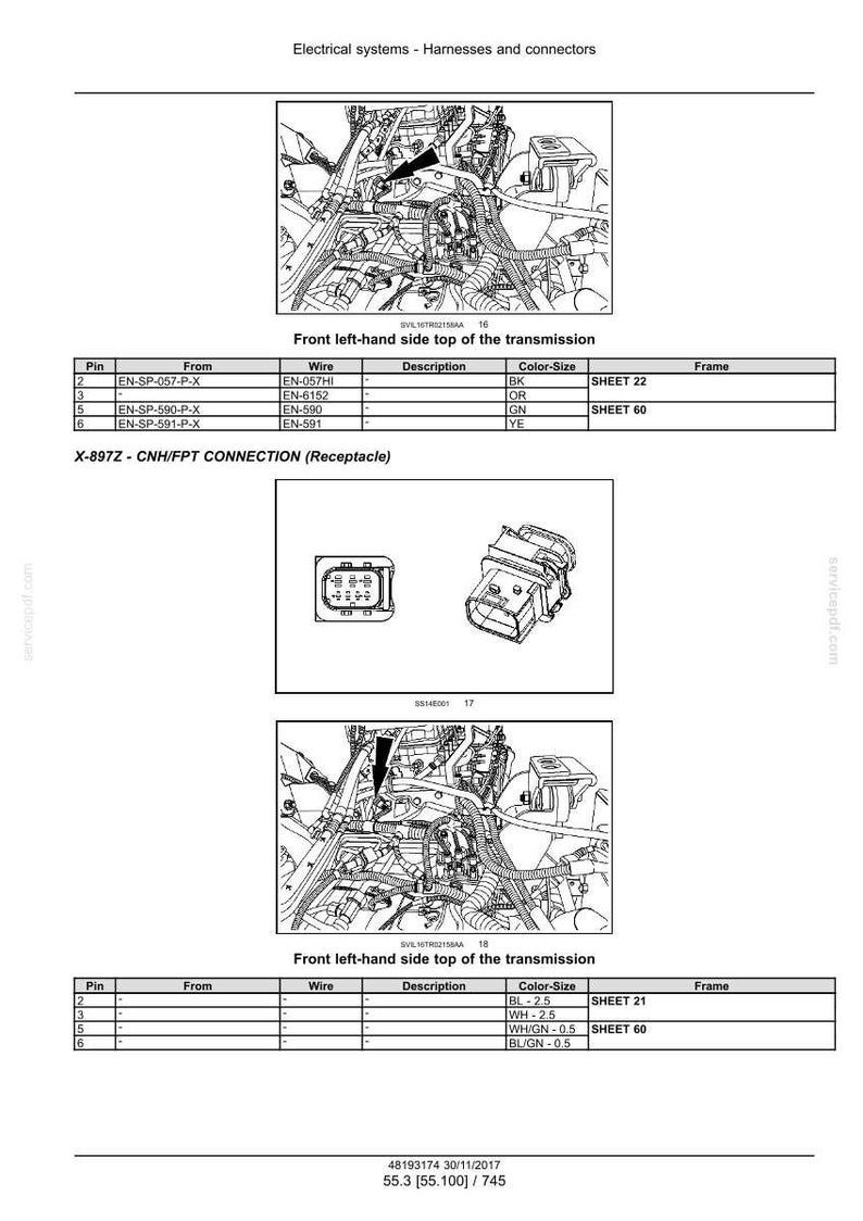 May include: Diagram of electrical systems, harnesses, and connectors. Includes detailed illustrations of wiring and connection points within a vehicle's transmission system. Features tables with pin, wire, and color-size information.
