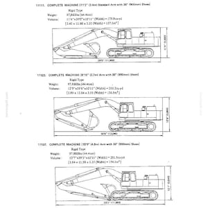 Puede incluir: Un documento t&eacute;cnico titulado 6. TRANSPORTATION WEIGHT TABLE (BACKHOE) que muestra tres dibujos lineales en blanco y negro de excavadoras con las especificaciones de peso y volumen en unidades imperiales y m&eacute;tricas para cada modelo.