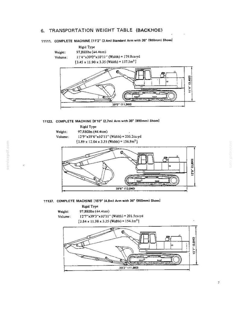Puede incluir: Un documento t&eacute;cnico titulado 6. TRANSPORTATION WEIGHT TABLE (BACKHOE) que muestra tres dibujos lineales en blanco y negro de excavadoras con las especificaciones de peso y volumen en unidades imperiales y m&eacute;tricas para cada modelo.