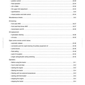Peut inclure: Une page imprim&eacute;e en noir et blanc intitul&eacute;e Alphabetical Index, listant les sections d'un manuel technique pour tracteur. Les sujets incluent le relevage hydraulique, la vidange d'huile, le remplacement d'huile et les valves de contr&ocirc;le.