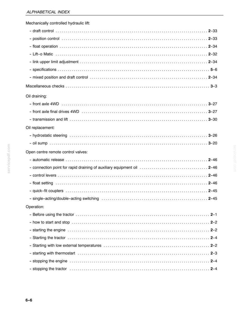Peut inclure: Une page imprim&eacute;e en noir et blanc intitul&eacute;e Alphabetical Index, listant les sections d'un manuel technique pour tracteur. Les sujets incluent le relevage hydraulique, la vidange d'huile, le remplacement d'huile et les valves de contr&ocirc;le.