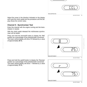 May include: A technical document page titled HYDRAULIC, PNEUMATIC, ELECTRICAL, ELECTRONIC SYSTEMS - ELECTRONIC SYSTEM. It includes instructions for clutch pedal switch adjustment and a Channel 6 Synchroniser Test, featuring diagrams of digital displays.