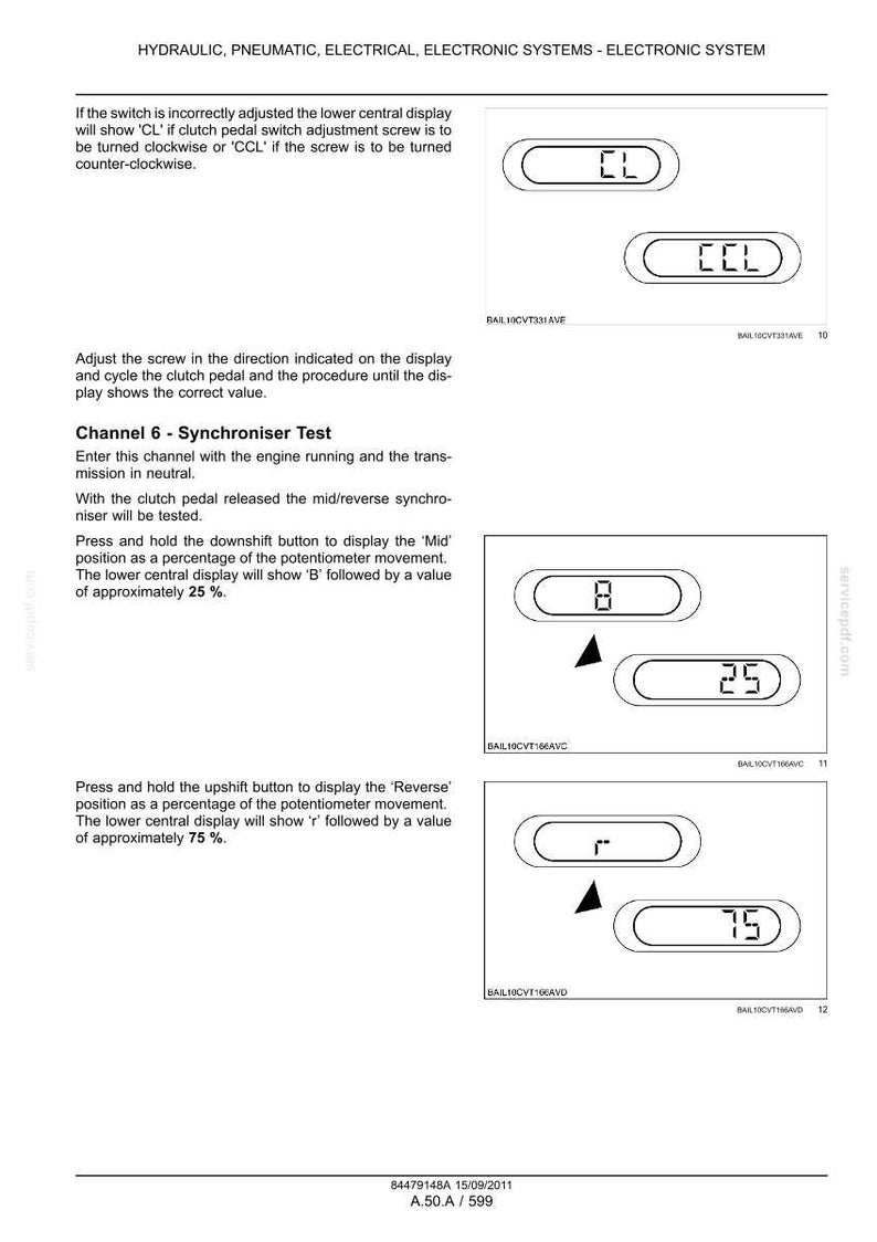 May include: A technical document page titled HYDRAULIC, PNEUMATIC, ELECTRICAL, ELECTRONIC SYSTEMS - ELECTRONIC SYSTEM. It includes instructions for clutch pedal switch adjustment and a Channel 6 Synchroniser Test, featuring diagrams of digital displays.