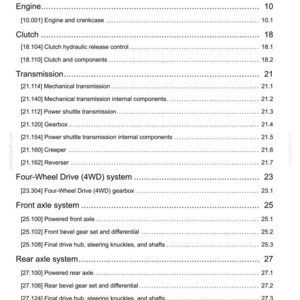 May include: A printed page with the heading "Contents" detailing mechanical components. Sections include engine, clutch, transmission, and axle systems, with corresponding page numbers. Measurements are not applicable.