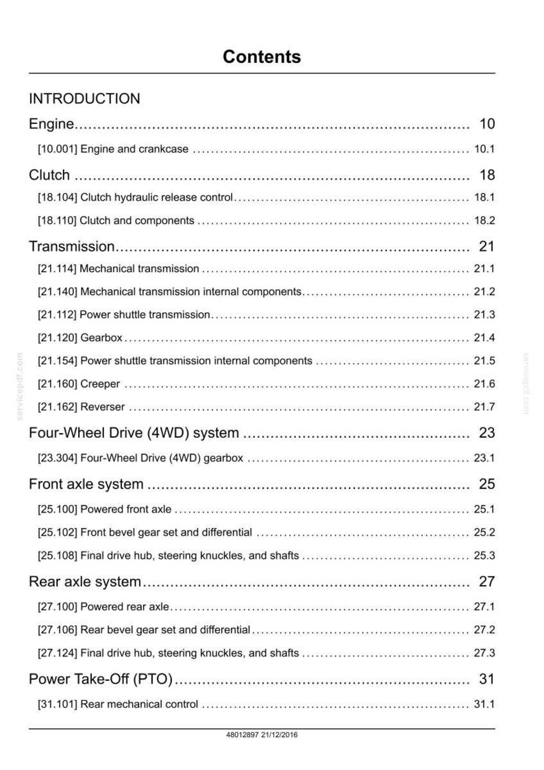 May include: A printed page with the heading "Contents" detailing mechanical components. Sections include engine, clutch, transmission, and axle systems, with corresponding page numbers. Measurements are not applicable.