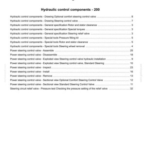 May include: Index page detailing steering system components. The document lists hydraulic control components, including specifications, special tools, and valve procedures. Page numbers are provided for each item.