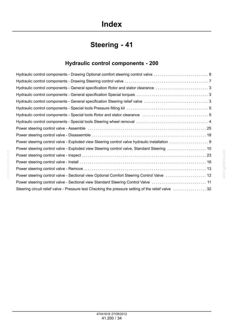 May include: Index page detailing steering system components. The document lists hydraulic control components, including specifications, special tools, and valve procedures. Page numbers are provided for each item.