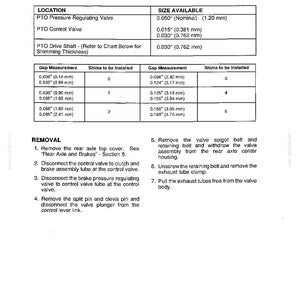 May include: A technical diagram from a manual detailing the overhaul of a control valve. The diagram includes tables with measurements in inches and millimeters, and instructions for removal and reassembly. The text includes "PTO Pressure Regulating Valve" and "PTO Control Valve".