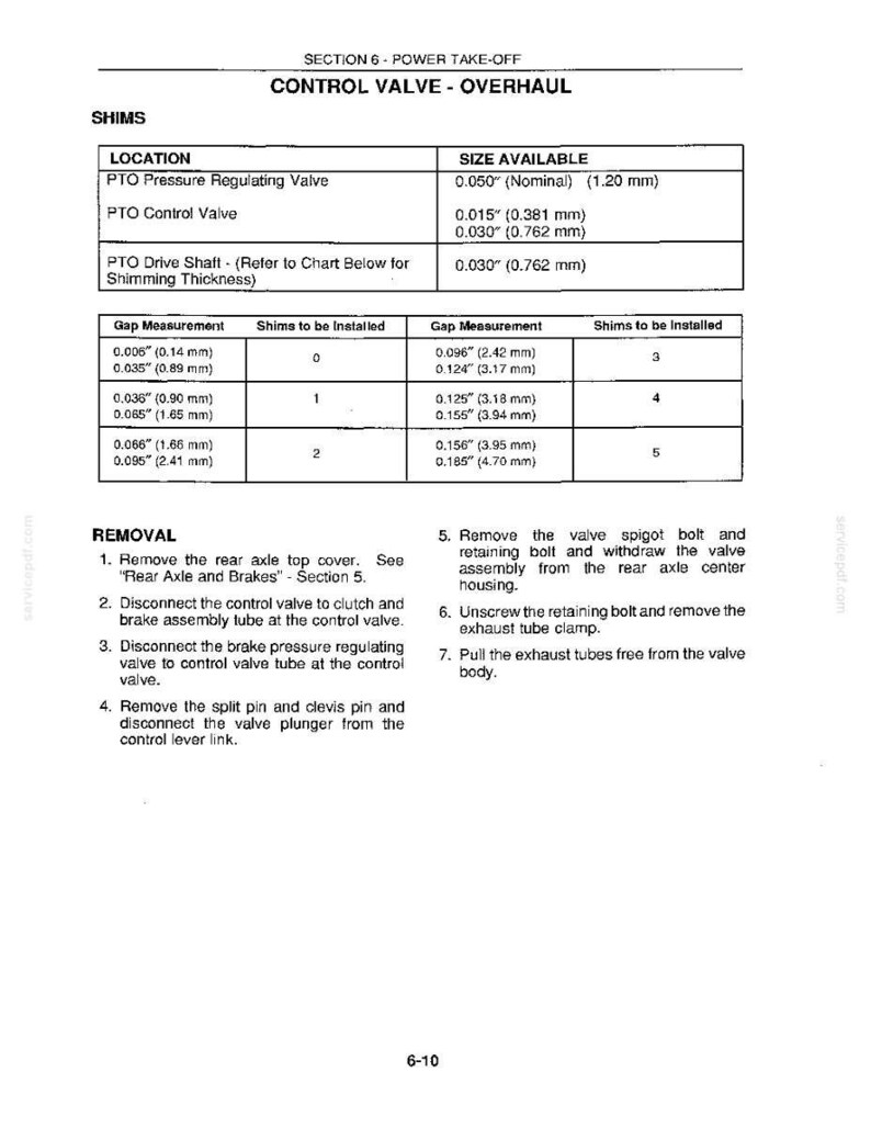 May include: A technical diagram from a manual detailing the overhaul of a control valve. The diagram includes tables with measurements in inches and millimeters, and instructions for removal and reassembly. The text includes "PTO Pressure Regulating Valve" and "PTO Control Valve".