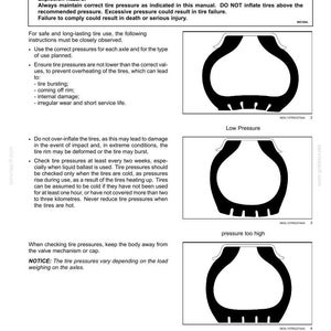 May include: A technical manual page titled 6-WORKING OPERATIONS featuring an inflation pressure warning and three black and white diagrams showing tire cross-sections labeled Low Pressure, pressure too high, and Correct pressure for maintenance.