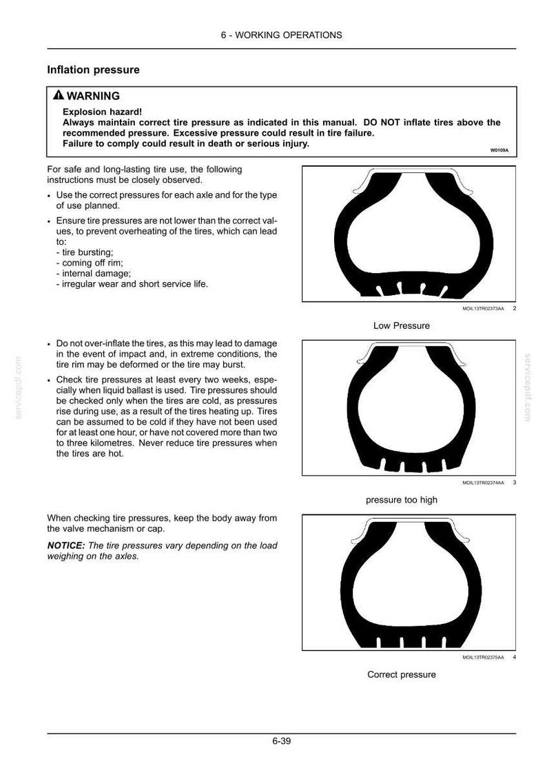 May include: A technical manual page titled 6-WORKING OPERATIONS featuring an inflation pressure warning and three black and white diagrams showing tire cross-sections labeled Low Pressure, pressure too high, and Correct pressure for maintenance.