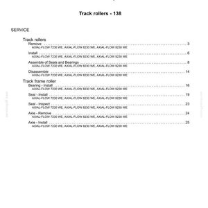 May include: A white document titled "Contents" with the heading "Tracks and track suspension - 48". The document lists service procedures for track rollers and track frame rollers, including removal, install, and inspection steps.