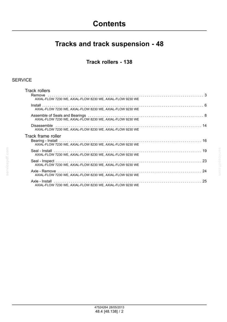 May include: A white document titled "Contents" with the heading "Tracks and track suspension - 48". The document lists service procedures for track rollers and track frame rollers, including removal, install, and inspection steps.