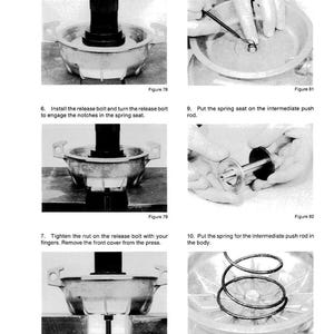 May include: A page from a manual with several diagrams illustrating mechanical assembly steps. The diagrams show components like springs, bolts, and O-rings being installed. Text includes instructions such as "Compress the spring" and "Install a new O-ring."