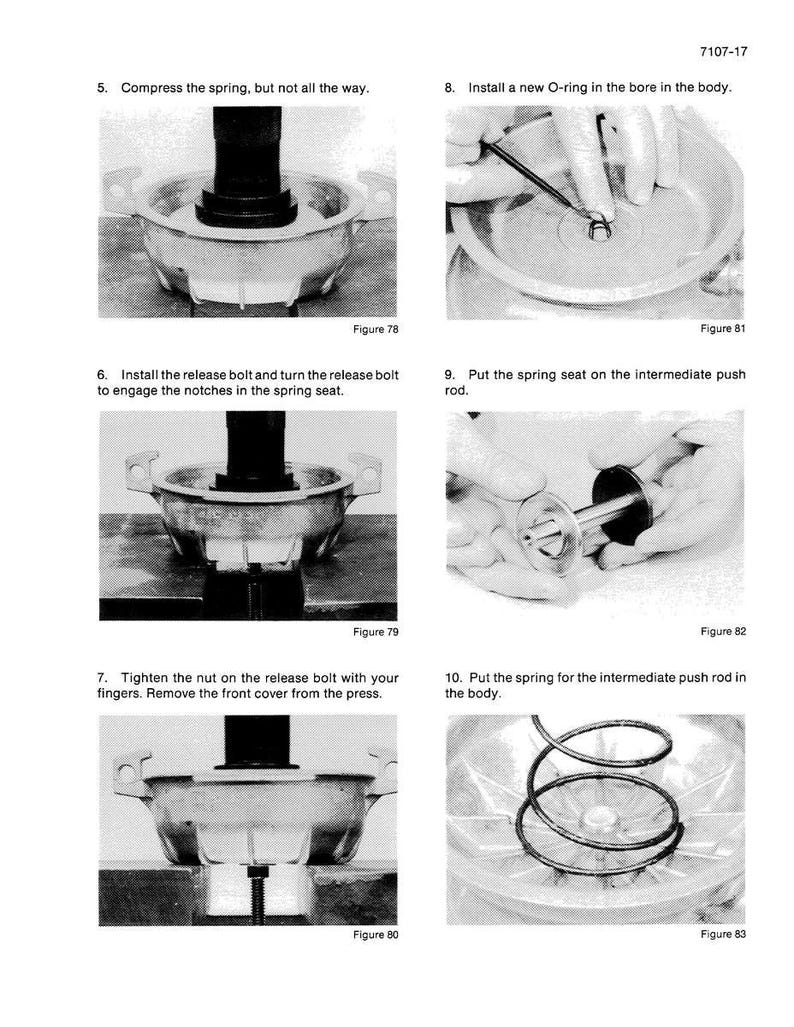 May include: A page from a manual with several diagrams illustrating mechanical assembly steps. The diagrams show components like springs, bolts, and O-rings being installed. Text includes instructions such as "Compress the spring" and "Install a new O-ring."