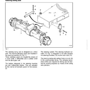 May include: Technical diagram of a steering swing axle, labeled "TECHNICAL HANDBOOK EW 160." The diagram includes detailed illustrations of the axle components, including planetary gears, hydraulic cylinders, and track rods. The diagram is in black and white.