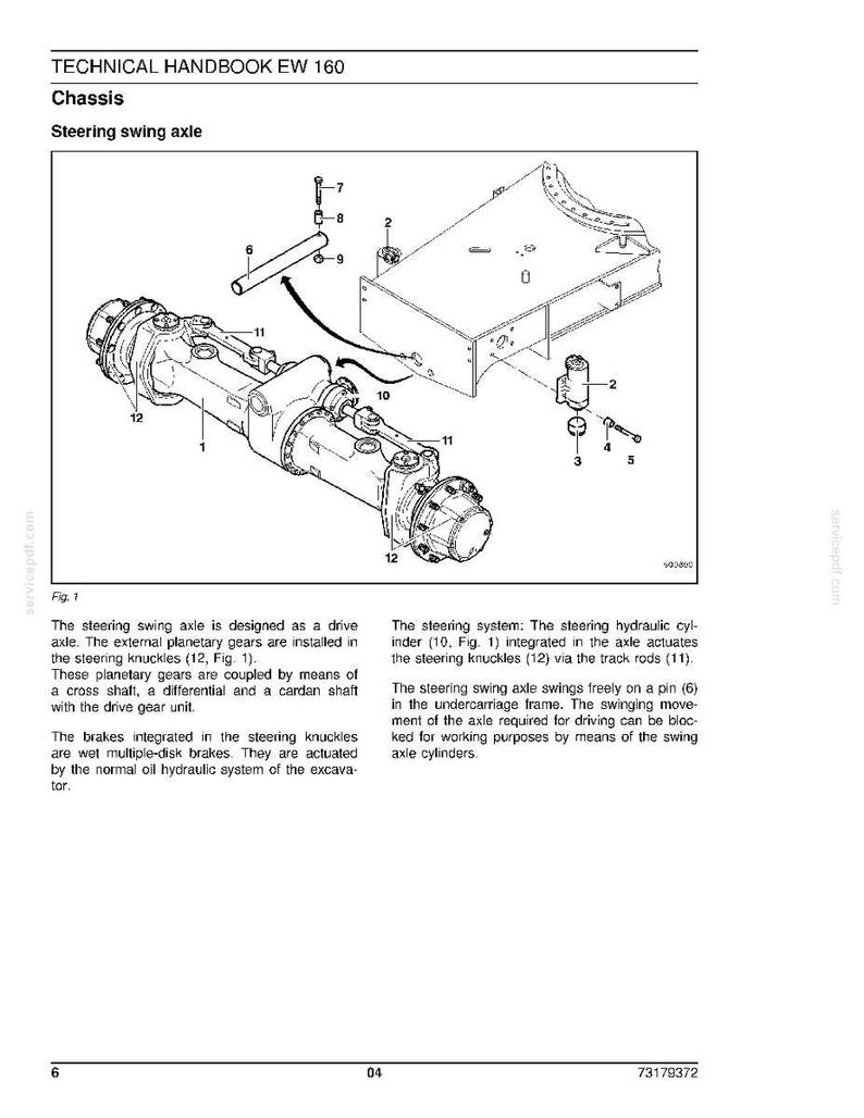 May include: Technical diagram of a steering swing axle, labeled "TECHNICAL HANDBOOK EW 160." The diagram includes detailed illustrations of the axle components, including planetary gears, hydraulic cylinders, and track rods. The diagram is in black and white.