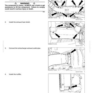 May include: Diagram of an exhaust system installation, including the silencer, heat shield, turbocharger outlet pipe, and muffler. The image includes arrows pointing to specific installation points and a warning about the component's weight.