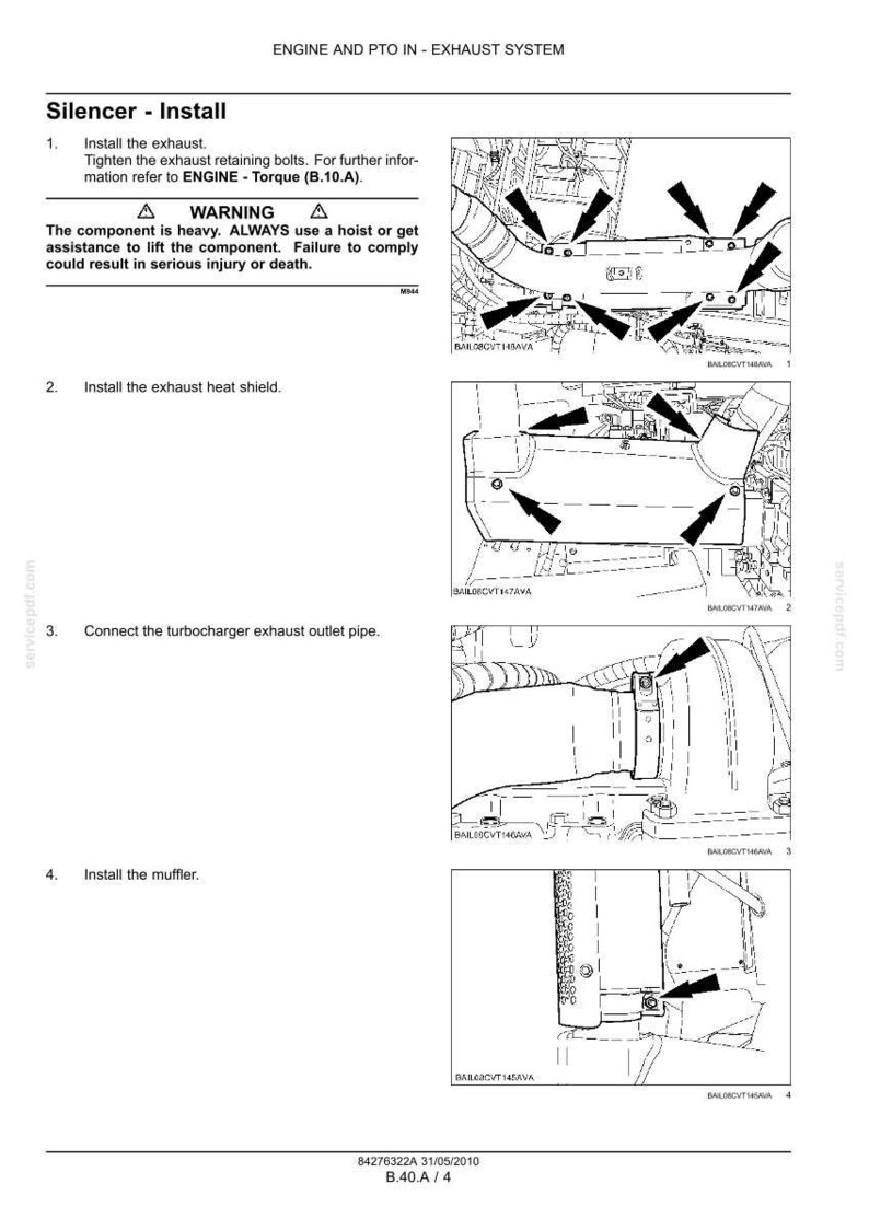 May include: Diagram of an exhaust system installation, including the silencer, heat shield, turbocharger outlet pipe, and muffler. The image includes arrows pointing to specific installation points and a warning about the component's weight.