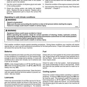 Peut inclure: Une page de document technique intitul&eacute;e Operating in extreme temperatures, d&eacute;taillant les instructions pour les conditions climatiques chaudes et froides, incluant l'entretien des batteries, du carburant, du syst&egrave;me de refroidissement et des lubrifiants avec des avertissements de s&eacute;curit&eacute;.