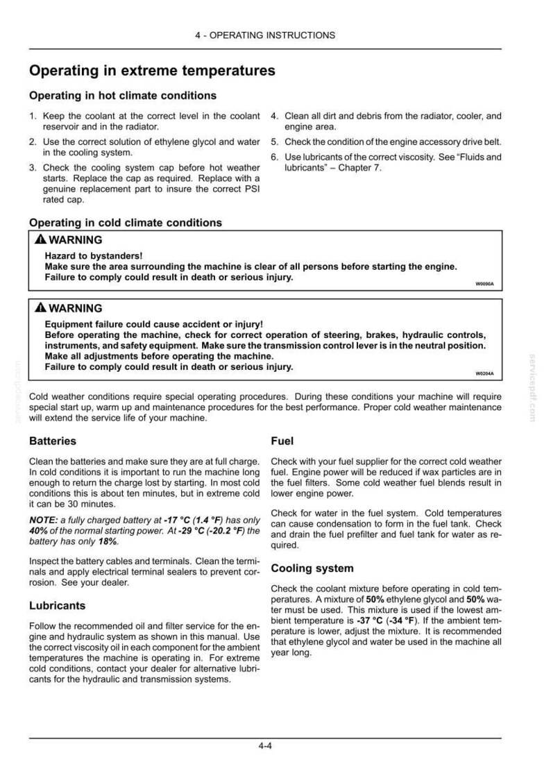Peut inclure: Une page de document technique intitul&eacute;e Operating in extreme temperatures, d&eacute;taillant les instructions pour les conditions climatiques chaudes et froides, incluant l'entretien des batteries, du carburant, du syst&egrave;me de refroidissement et des lubrifiants avec des avertissements de s&eacute;curit&eacute;.