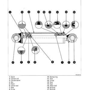 May include: A cross-sectional diagram of a steering cylinder, labeled with numbers and corresponding parts such as gland, cylinder rod, and barrel. The diagram includes detailed views of seals, O-rings, and bushings, with the text "Cross-sectional view of the steering cylinder".