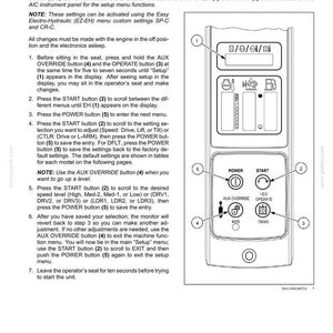 May include: Diagram of an instrument cluster with buttons labeled POWER, START, AUX OVERRIDE, and OPERATE. Instructions detail menu navigation for electro-hydraulic (EH) settings, including speed and drive adjustments.