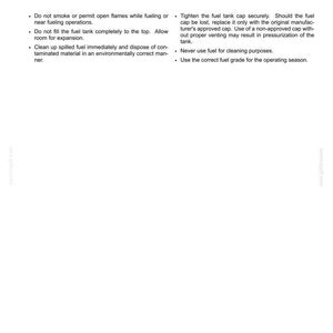 May include: Page from a manual with the title "Safety rules - Fuel handling precautions." The page includes a warning symbol and bullet points detailing safety measures, such as avoiding open flames and using the correct fuel grade.