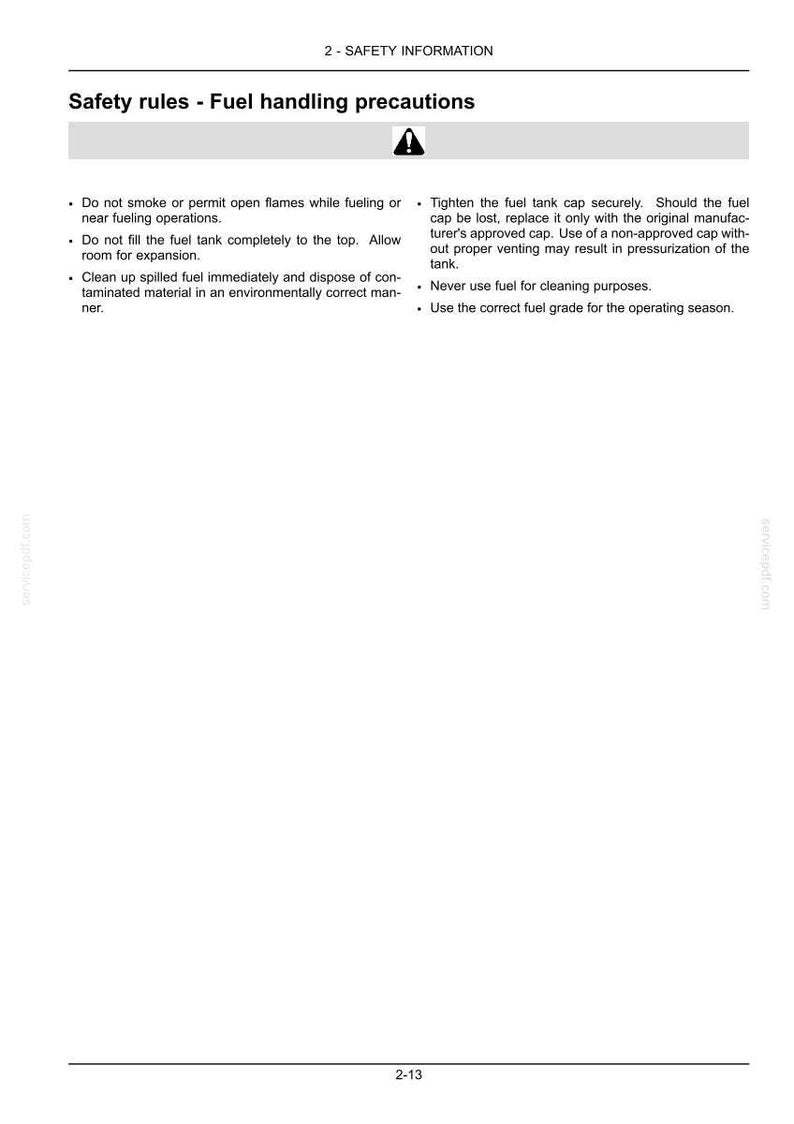 May include: Page from a manual with the title "Safety rules - Fuel handling precautions." The page includes a warning symbol and bullet points detailing safety measures, such as avoiding open flames and using the correct fuel grade.