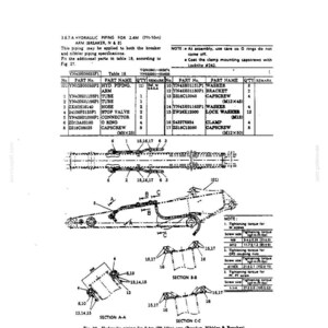 May include: A technical diagram titled 3.6.7.A HYDRAULIC PIPING FOR 2.4M (7ft-10in) ARM (BREAKER, N & B) showing parts lists, assembly notes, and cross-sectional views labeled Section A-A, Section B-B, and Section C-C for heavy machinery components.