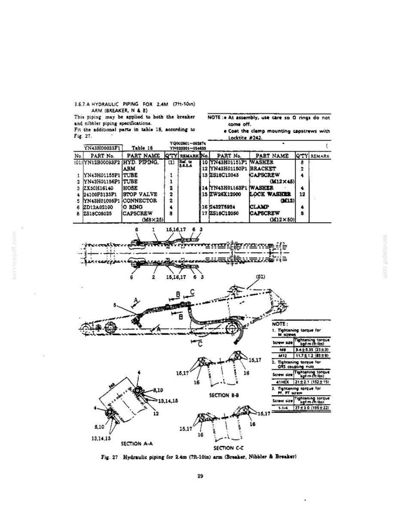 May include: A technical diagram titled 3.6.7.A HYDRAULIC PIPING FOR 2.4M (7ft-10in) ARM (BREAKER, N & B) showing parts lists, assembly notes, and cross-sectional views labeled Section A-A, Section B-B, and Section C-C for heavy machinery components.