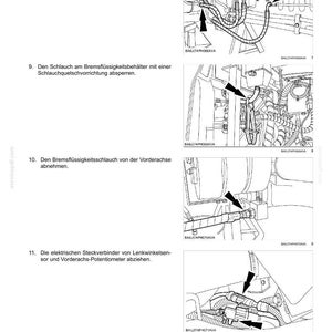 May include: A technical manual page titled Vorderachssystem - Angetriebene Vorderachse featuring four black and white line drawings with arrows indicating mechanical steps for disconnecting hydraulic hoses, brake fluid lines, and electrical connectors.