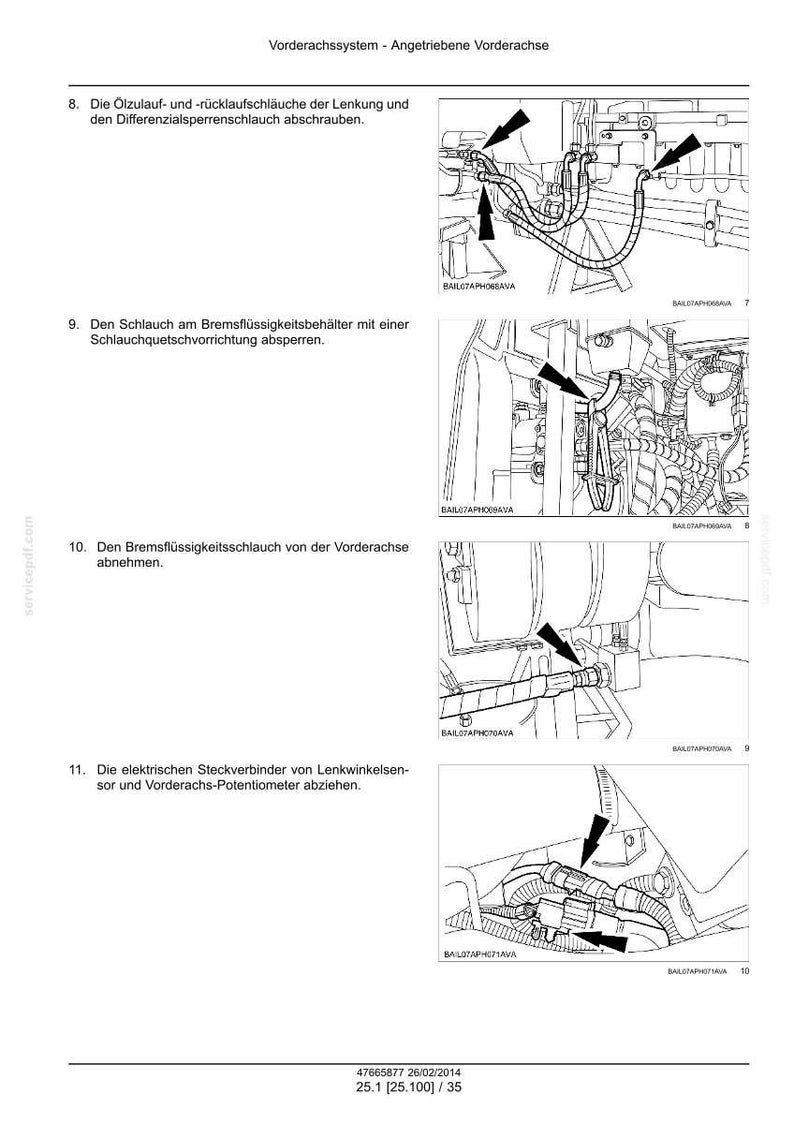 May include: A technical manual page titled Vorderachssystem - Angetriebene Vorderachse featuring four black and white line drawings with arrows indicating mechanical steps for disconnecting hydraulic hoses, brake fluid lines, and electrical connectors.